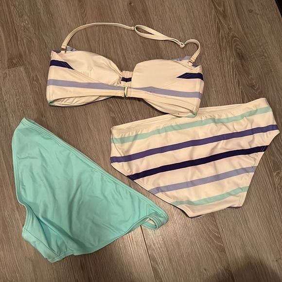Kate spade stripe bow bikini set. Cream, purple and turquoise. 2 bottoms. Medium - Picture 2 of 3